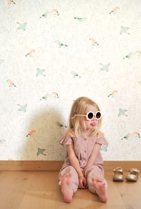 Papel pintado infantil - PÁJAROS VOLANDO VERDE MINT | Perfecta para la habitación de tus hijos | Il Mondo di Alex