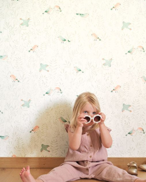 Papel pintado infantil - PÁJAROS VOLANDO VERDE MINT | Perfecta para la habitación de tus hijos | Il Mondo di Alex