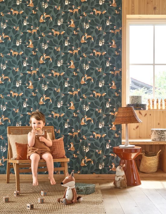 Papel pintado infantil - WOODLAND FRIENDS AZUL TINTA | Perfecta para la habitación de tus hijos | Il Mondo di Alex