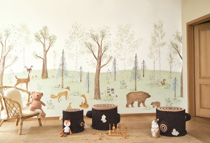 Mural infantil Panorámico - BOSQUE ENCANTADO CON CIERVO Y OSO | Perfecta para la habitación de tus hijos | Il Mondo di Alex