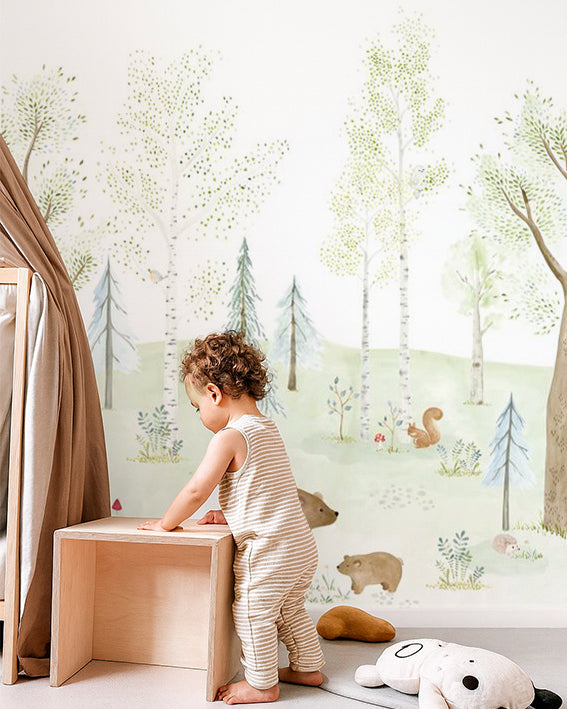 Mural infantil Panorámico - EL BOSQUE ENCANTADO CON OSO
