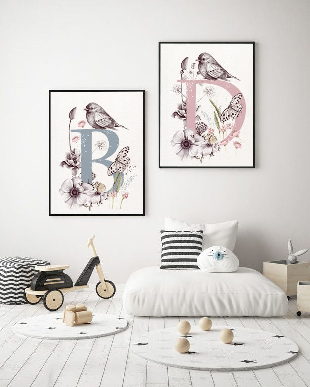 Cuadro infantil INICIAL FLORAL BIRD II