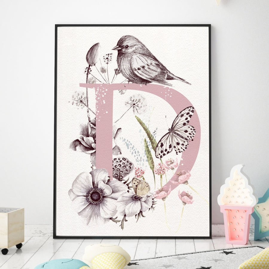 Cuadro infantil INICIAL FLORAL BIRD III
