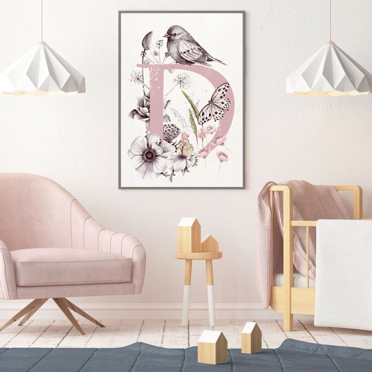 Cuadro infantil INICIAL FLORAL BIRD III