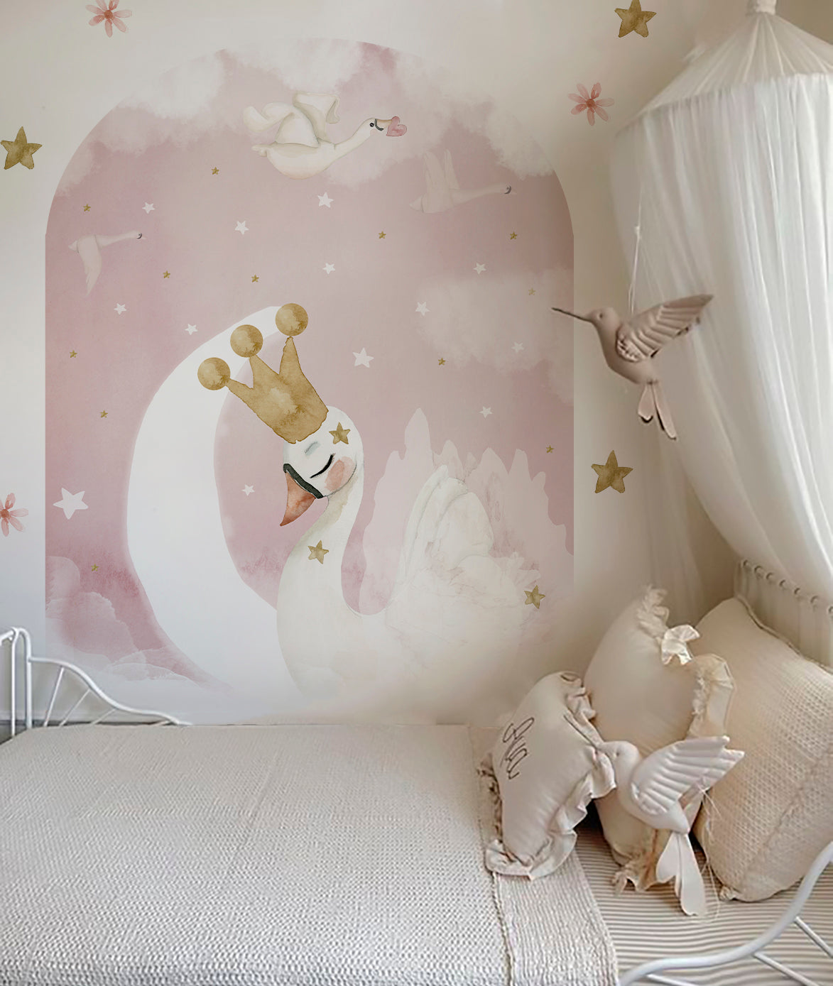 CISNE SOBRE LUNA Arco adhesivo infantil | Perfecta para la habitación de tus hijos | Il Mondo di Alex