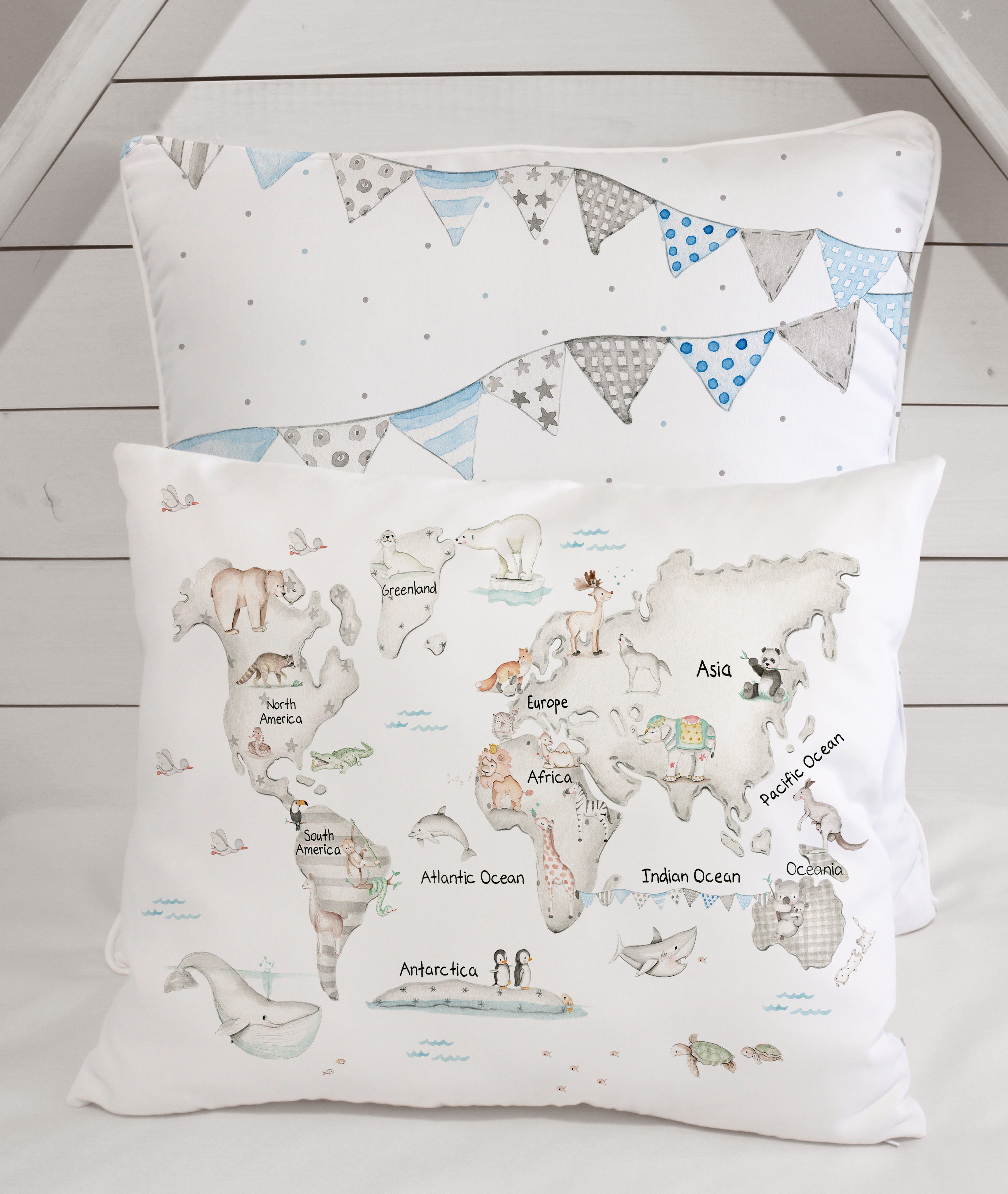 Cojín infantil personalizado MAPA MUNDI GRIS