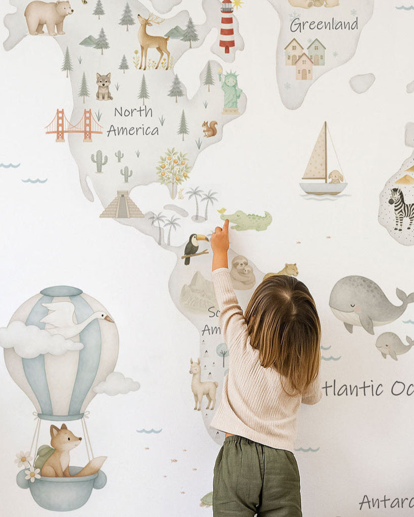 Mural de papel pintado MAPA MUNDI GRIS CONTINENTES | Perfecta para la habitación de tus hijos | Il Mondo di Alex