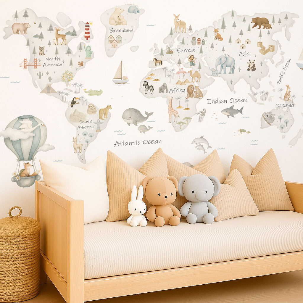 World map grey continents, Wallpaper mural
