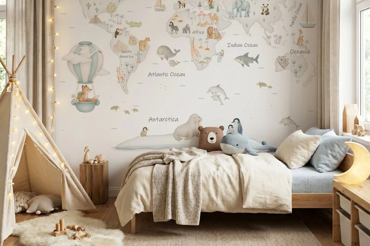Como-combinar-un-mural-infantil-con-textiles
