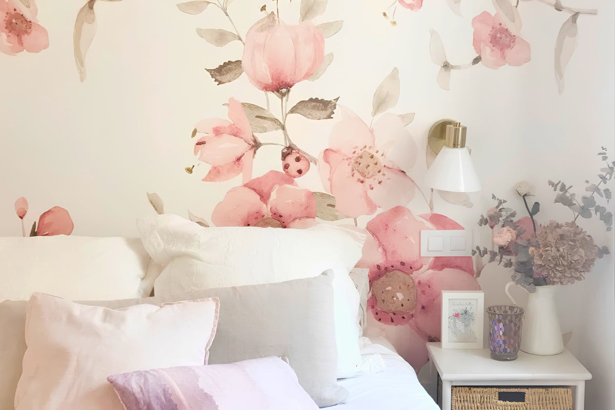 Papel pintado de flores rosas en dormitorio | @slowandchic