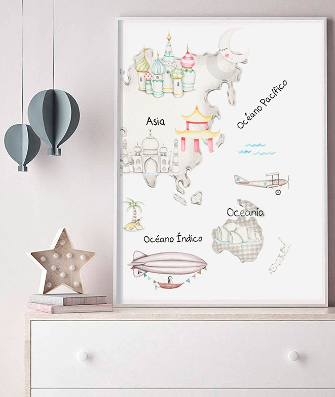 MAPA MUNDI TRAVEL GRIS Pack de cuadros infantil personalizados