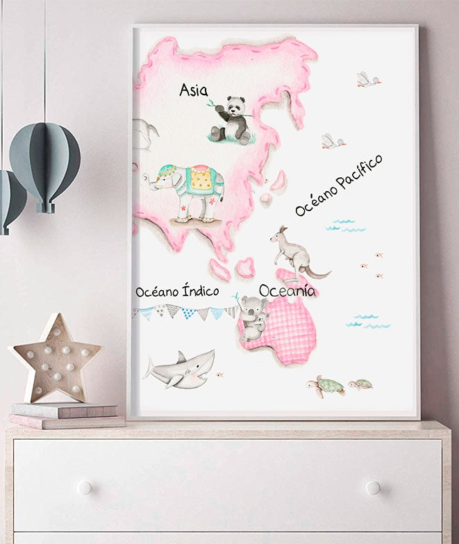 MAPA MUNDI ROSA Pack de cuadros infantil personalizados