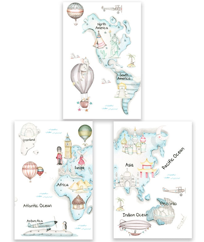 MAPA MUNDI TRAVEL AZUL Pack de cuadros infantil personalizados