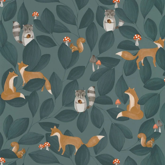 Papel pintado infantil - WOODLAND FRIENDS AZUL TINTA | Perfecta para la habitación de tus hijos | Il Mondo di Alex