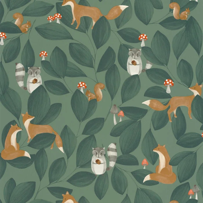 Papel pintado infantil - WOODLAND FRIENDS VERDE | Perfecta para la habitación de tus hijos | Il Mondo di Alex