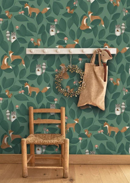 Papel pintado infantil - WOODLAND FRIENDS VERDE | Perfecta para la habitación de tus hijos | Il Mondo di Alex