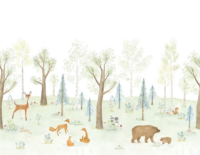 Mural infantil Panorámico - BOSQUE ENCANTADO CON CIERVO Y OSO | Perfecta para la habitación de tus hijos | Il Mondo di Alex