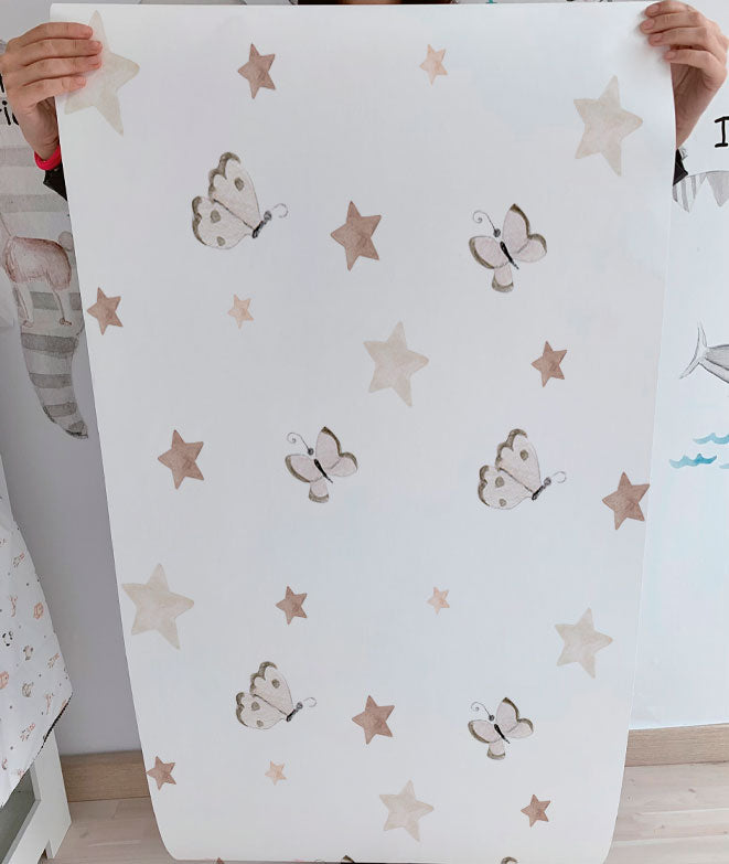 MARIPOSAS Y ESTRELLAS BEIGE Papel pintado infantil