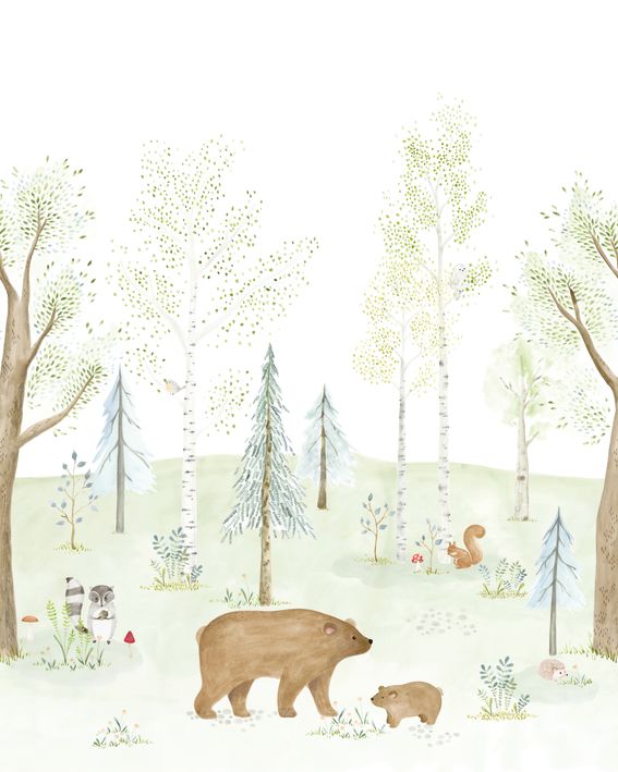 Mural infantil Panorámico -  EL BOSQUE ENCANTADO CON OSO