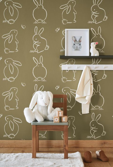 Papel pintado infantil -  FUNNY BUNNY VERDE KAKI | Perfecta para la habitación de tus hijos | Il Mondo di Alex