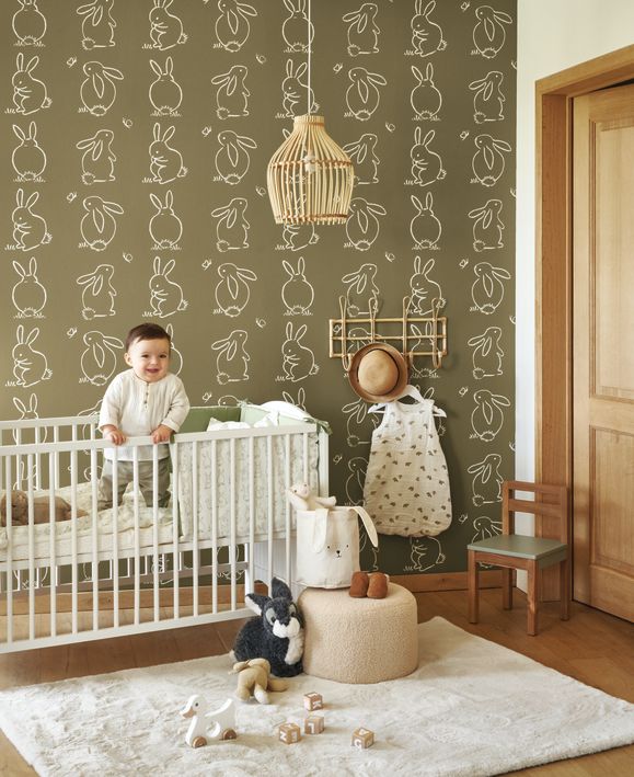 Papel pintado infantil -  FUNNY BUNNY VERDE KAKI | Perfecta para la habitación de tus hijos | Il Mondo di Alex