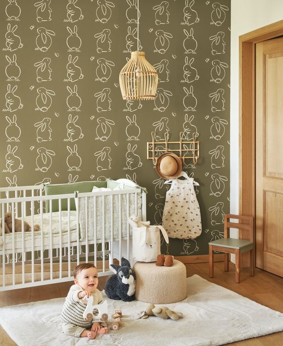 Papel pintado infantil -  FUNNY BUNNY VERDE KAKI | Perfecta para la habitación de tus hijos | Il Mondo di Alex