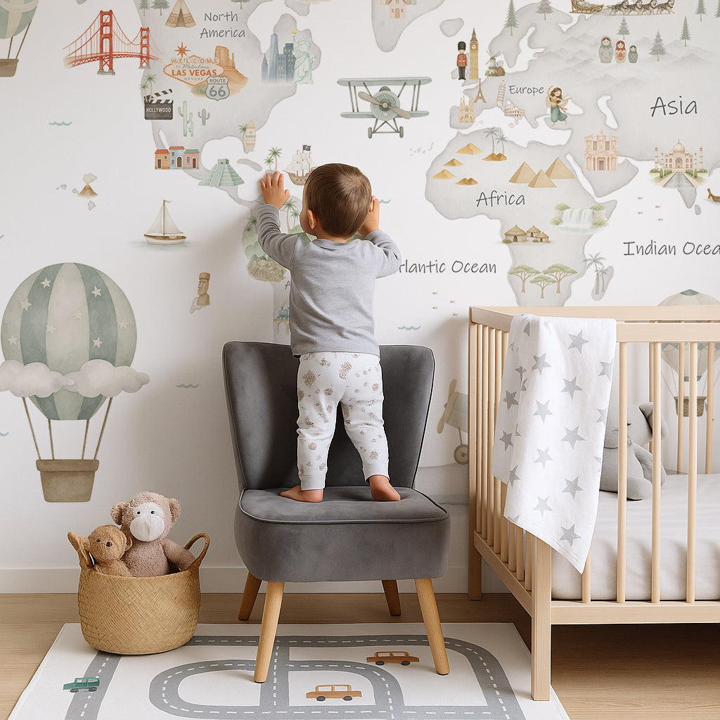 Mural de papel pintado - MAPA MUNDI GRIS ADVENTURE I | Perfecta para la habitación de tus hijos | Il Mondo di Alex