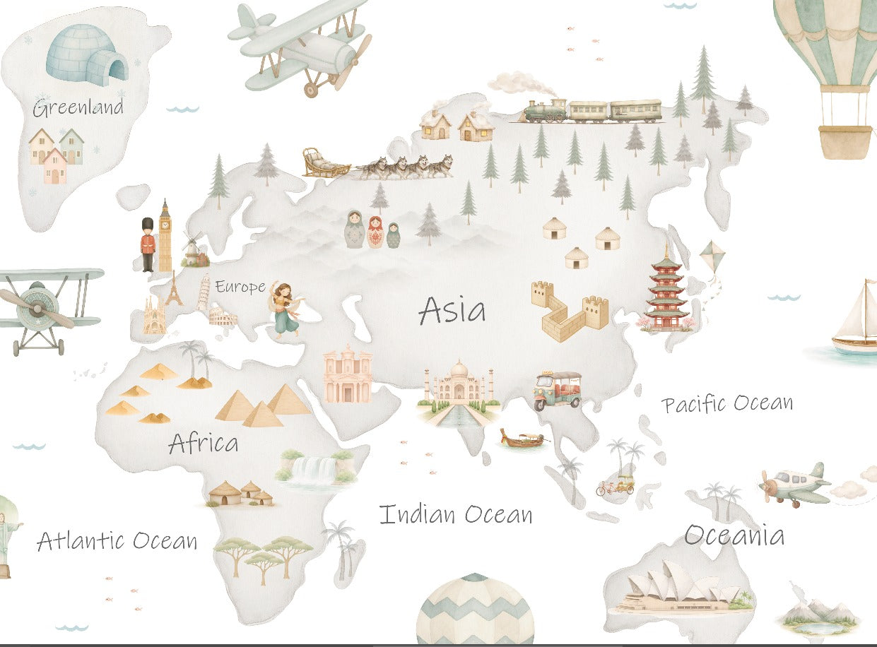 Mural de papel pintado - MAPA MUNDI GRIS ADVENTURE I | Perfecta para la habitación de tus hijos | Il Mondo di Alex