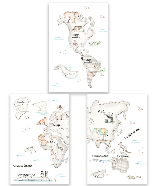 MAPA MUNDI GRIS Pack de cuadros infantil