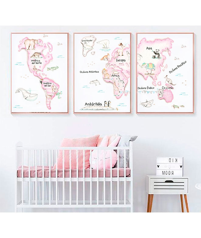 MAPA MUNDI ROSA Pack de cuadros infantil