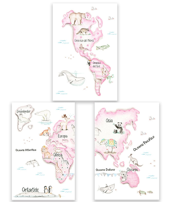 MAPA MUNDI ROSA Pack de cuadros infantil