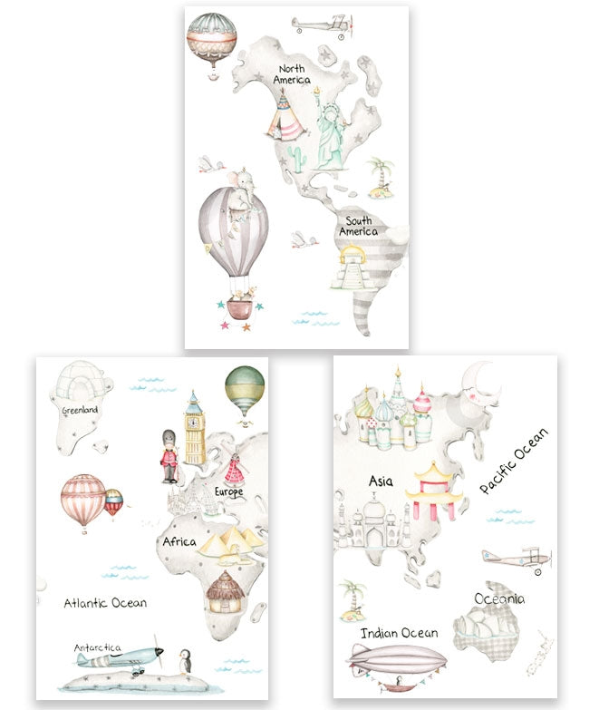 MAPA MUNDI TRAVEL GRIS Pack de cuadros infantil personalizados - Il Mondo di Alex