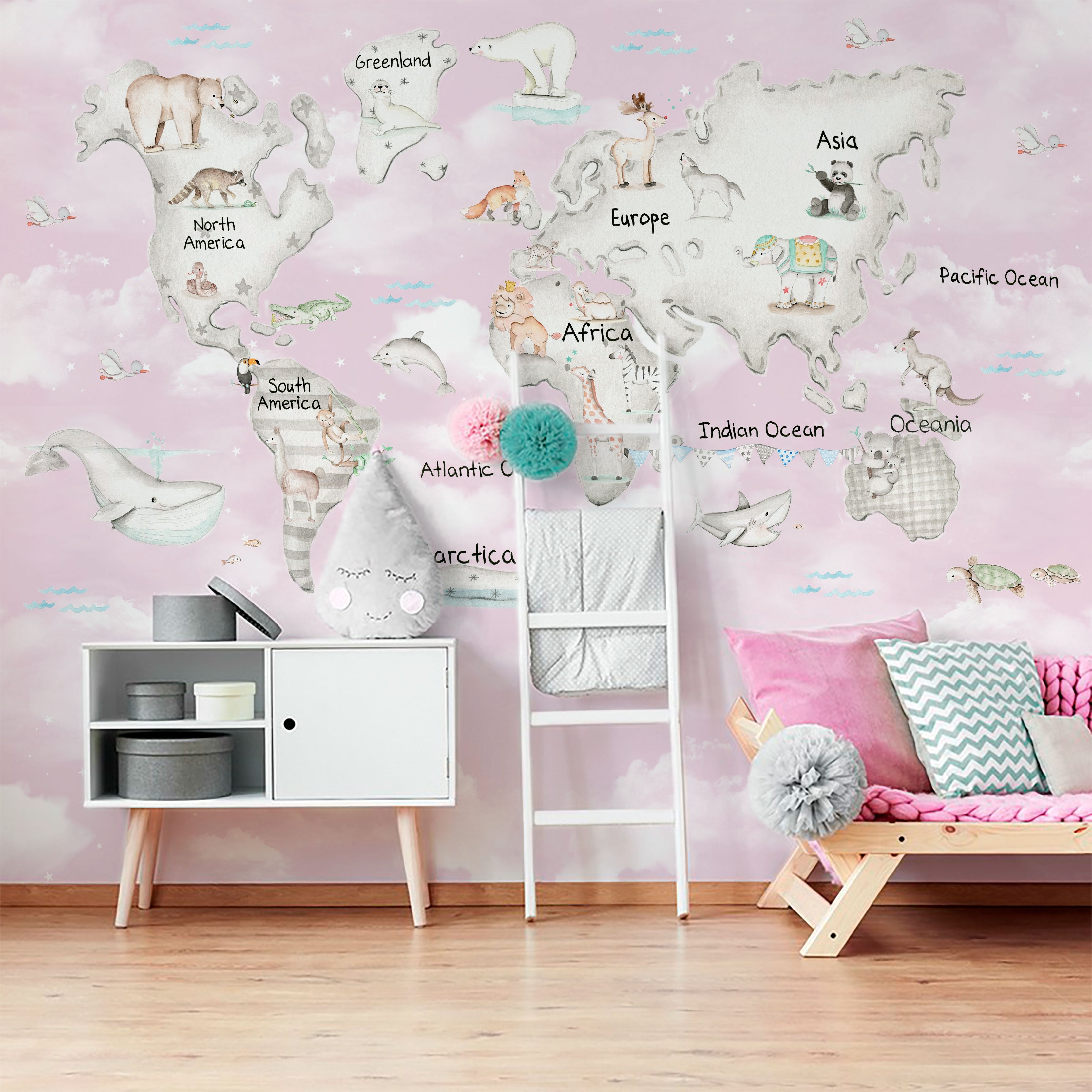 MAPA MUNDI GRIS FONDO ROSA Mural de papel pintado