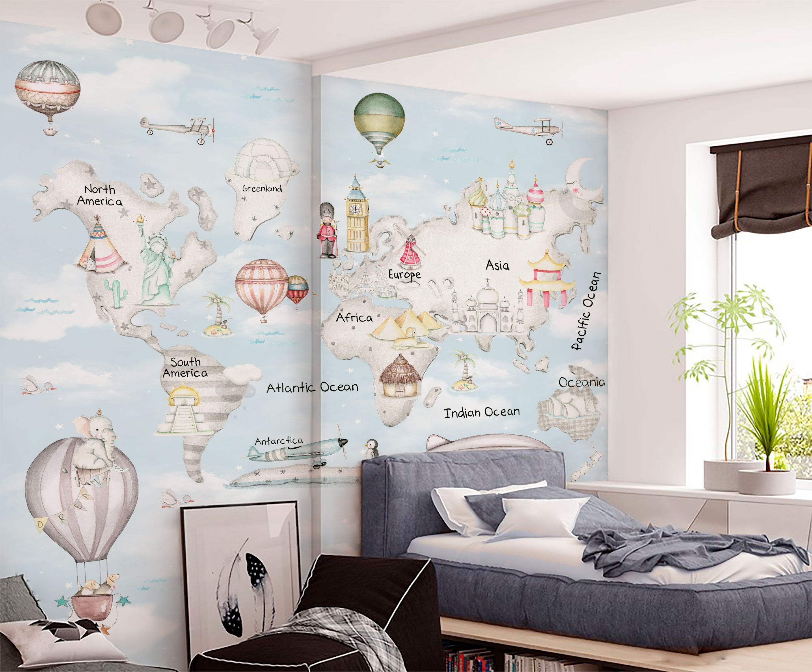 MAPA MUNDI TRAVEL GRIS F.AZUL Mural de papel pintado