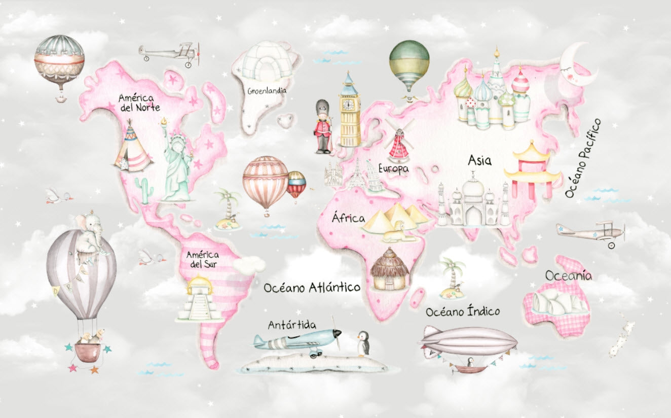 MAPA MUNDI TRAVEL ROSA F.GRIS Mural de papel pintado