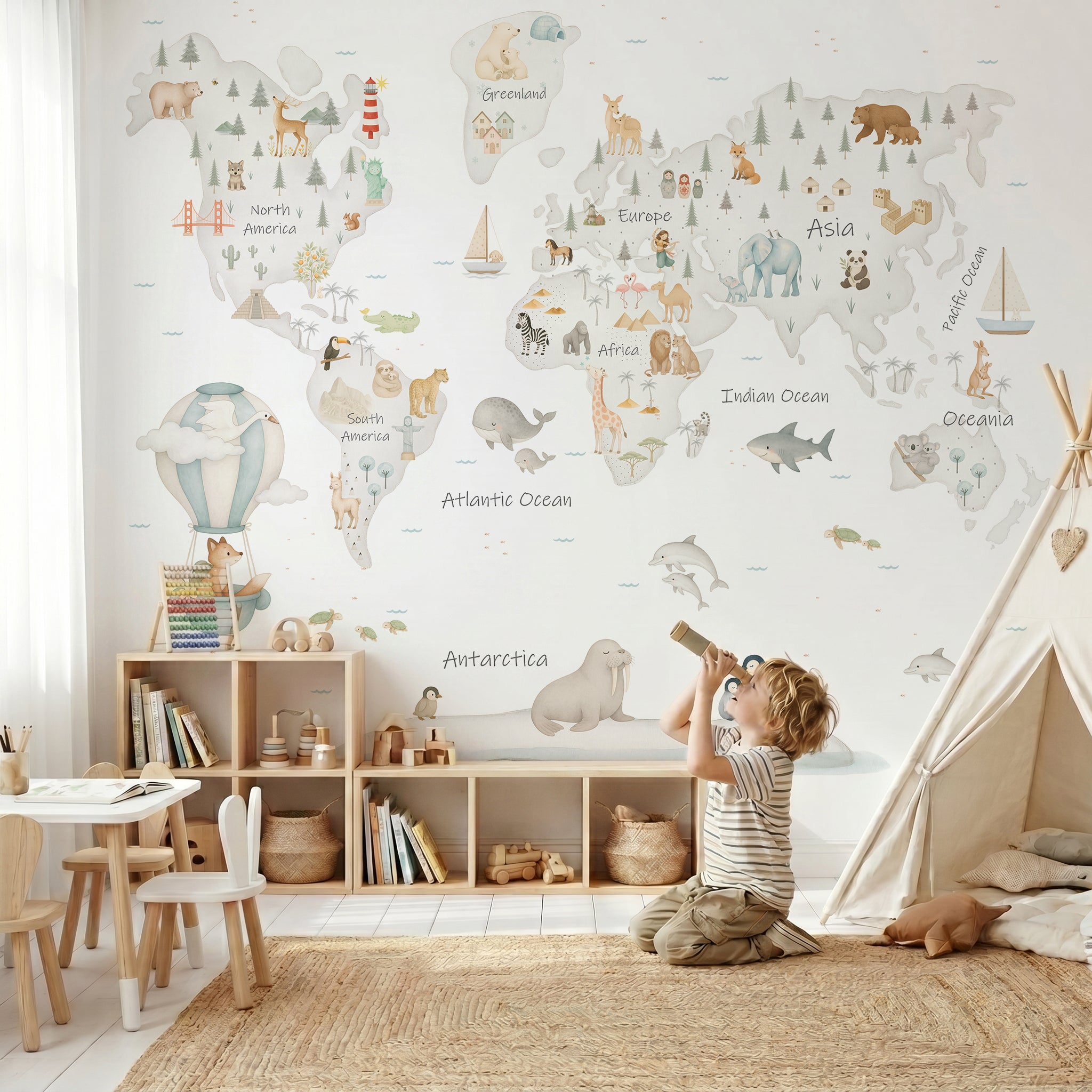 World map grey continents, Wallpaper mural