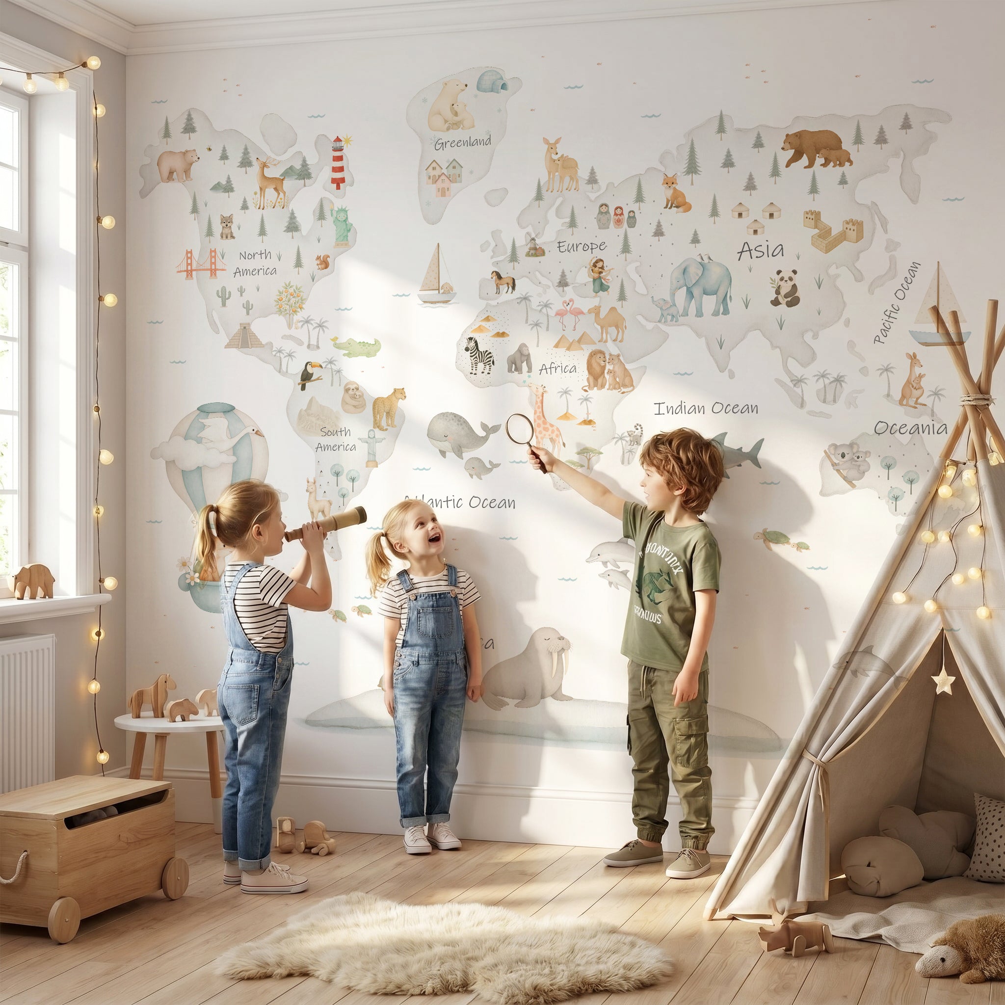 World map grey continents, Wallpaper mural