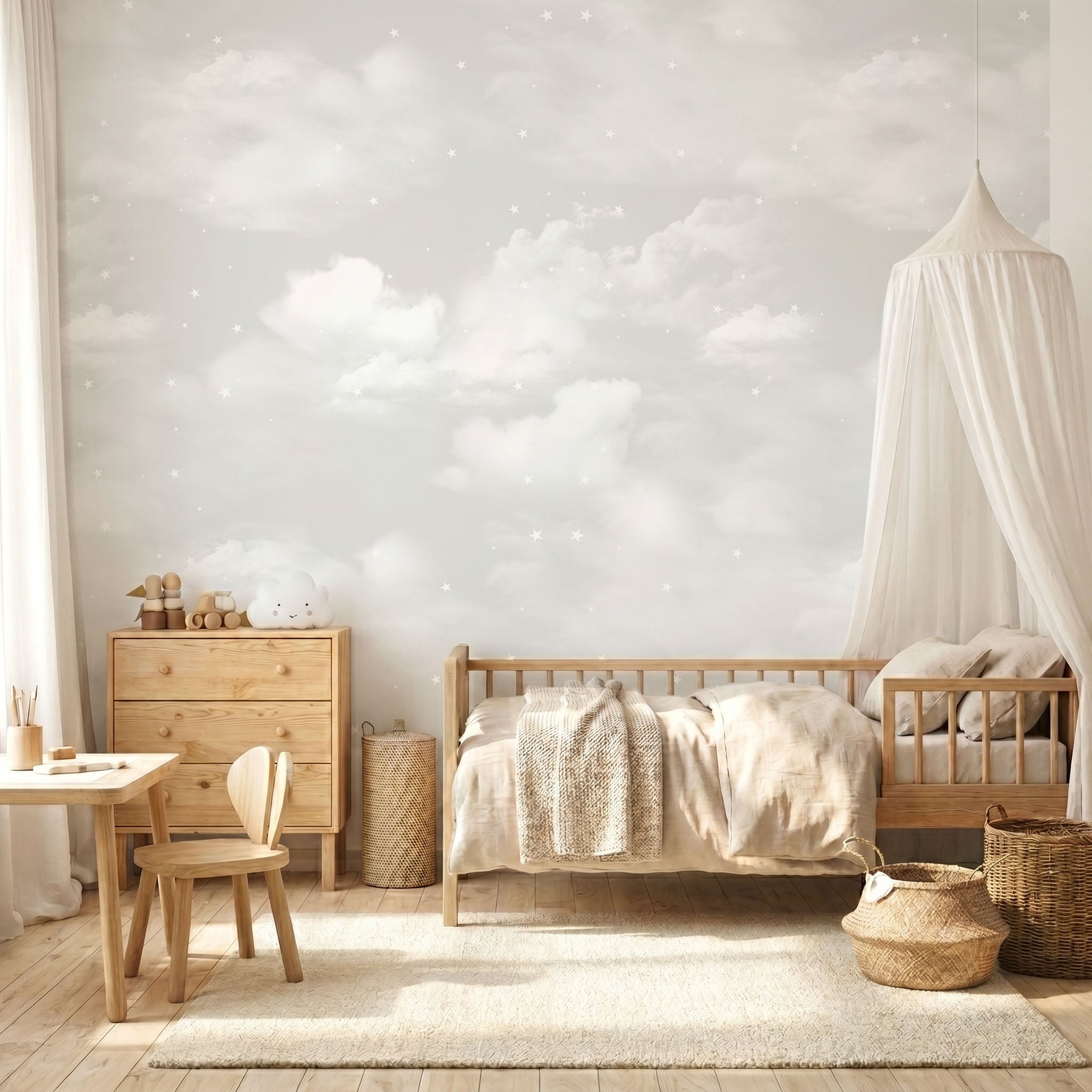 NUBES FONDO GRIS Papel pintado infantil