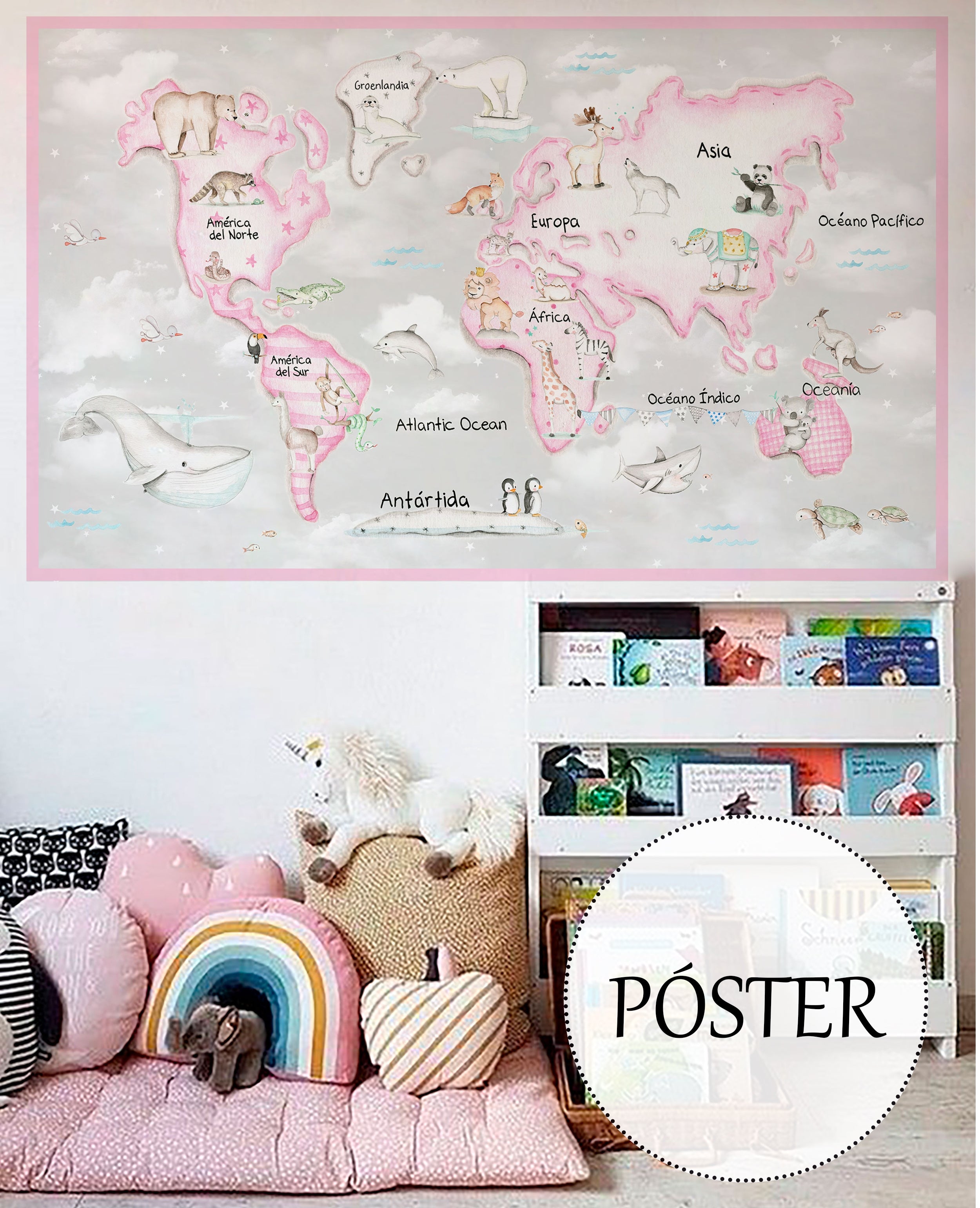 MAPA MUNDI ROSA F.GRIS Póster autoadhesivo